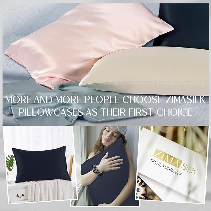 ZIMASILK 100% Pure Mulberry Silk Pillowcase for Hair and Skin Health,Soft and Smooth,Both Sides Premium Grade 6A Silk,600 Thread Count,with Hidden Zipper,1pc (Queen 20''x30'',Navy Blue)