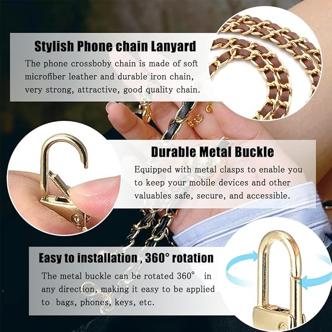 Phone Crossbody Chain Cell Phone Lanyard,Universal Leather+Metal Shouder Strap with Phone Tether Patches (L)