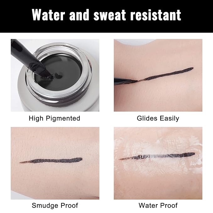 Erinde Black Gel Eyeliner, Waterproof Cream Eyeliner Gel Pot, High-Intensity Pigments Long Lasting Smudge Proof Eye Liner Eyebrow Makeup, Waterline Matte Eye Liner with 2PCS Brushes, 02 Balck