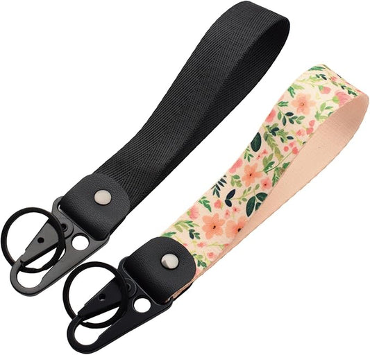 2 Pcs Classic Black & Floral Keychain Wristlet Lanyard for Women couples, Flower Wristlet Strap for Keys Hands-Free Wearable