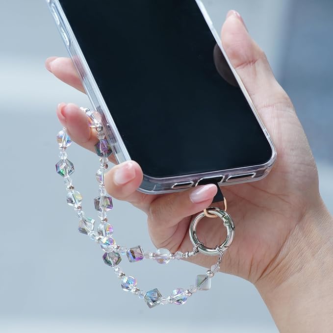 Cell Phone Wrist Strap Crystal Beaded Phone Bracelet Strap For Women Sparkling Beads Wristlet Lanyard Beaded Chain (Transparent Rainbow)