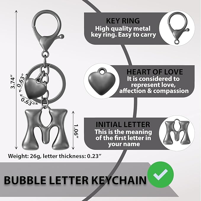 Heart Bubble Letter Keychain for Women, Girls - Cute Keychain with Initial - Alphabet Keychain for Bag Charm, Handbag