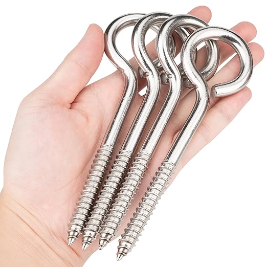 Aovchei Eye Screws, 4 Pcs 6 Inch Long, 304 Heavy Duty Stainless Steel Screw Hooks, Rust-Resistant Self Tapping Eyelet Bolts for Wood, Securing Cables Wires, Indoor & Outdoor for Hanging Artwork