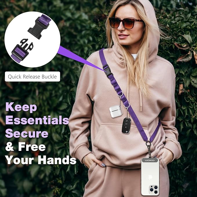 MoKo Universal Phone Lanyard, Nylon Adjustable Cell Phone Crossbody Strap Detachable Women & Men Cellphone Lanyards Around the Neck with Patches for iPhone, Most Smartphones, Dark Purple