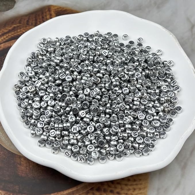 1000pcs Round Letter Beads 4x7mm Acrylic Alphabet Beads Spacer Beads for Jewelry Making Bracelets Necklace Earring Key Chains DIY Craft(N-Black Letter Antique Silver Bead)