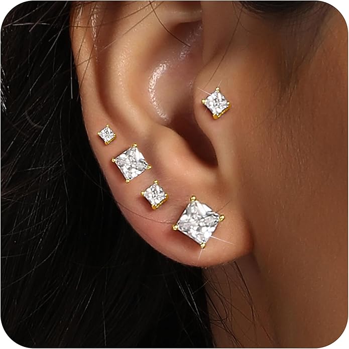 MDFUN 5 Pairs Square Earrings Set for Women Hypoallergenic 18K White Gold/Yellow Gold/Rose Gold Plated Princess Cut Clear Cubic Zirconia Stud Earring 3-7MM Pack of 5