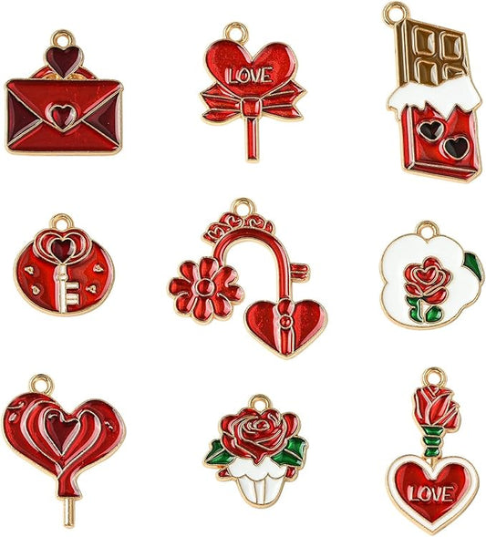 Stiesy 45 Pcs 9 Styles Romantic Sweet Enamel Valentine's Day Charms Red Heart Love Envelope Chocolate Flower Charm Pendant Bulk for DIY Date Necklace Bracelet Earring Presents