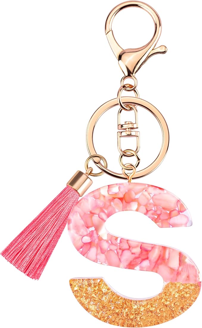 Suweibuke Cute Pink Key Chains for Women Girls, Initial Letter Keychains with Tassel, Charms for Key Purse Handbags Backpacks