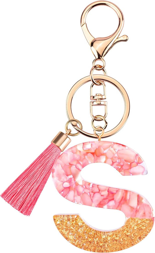 Suweibuke Cute Pink Key Chains for Women Girls, Initial Letter Keychains with Tassel, Charms for Key Purse Handbags Backpacks