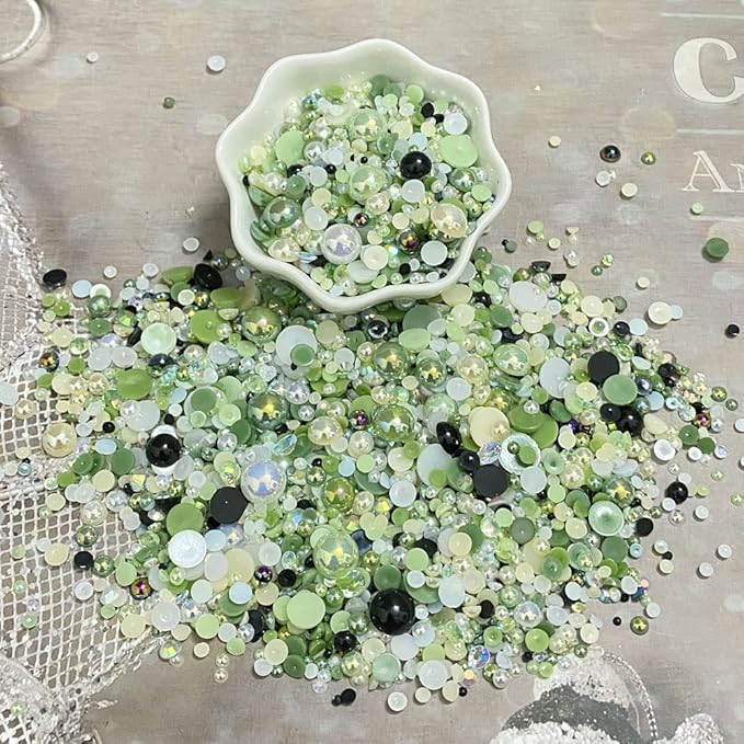 100g Mix Resin Rhinestones Flatback Half Round Pearls Mixed Size 3mm-10mm AB Color Half Pearls Resin Rhinestones for DIY Craft Nail Art Shoes Clothes Phone Case (Green Series)