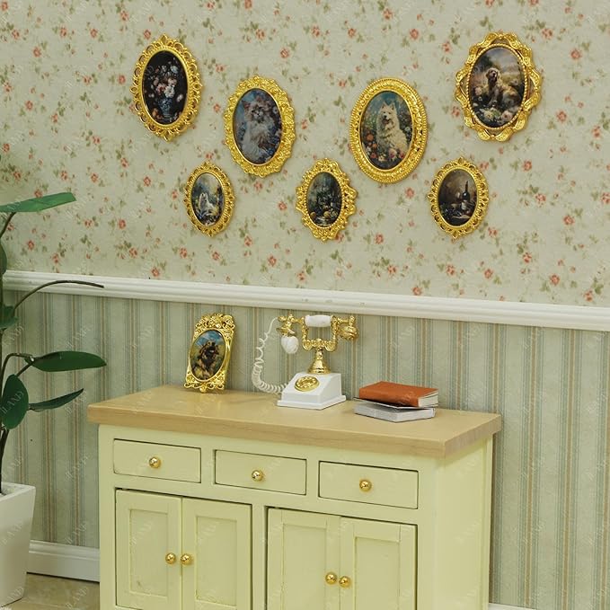 iLAND 1/12 Scale Accessories of Tiny Frames 7pcs with 14 Miniature Pictures Set for Dollhouse Miniatures Décor Also Elf Accessories Classic & Exquisite (Golden Tiny Frame Art)
