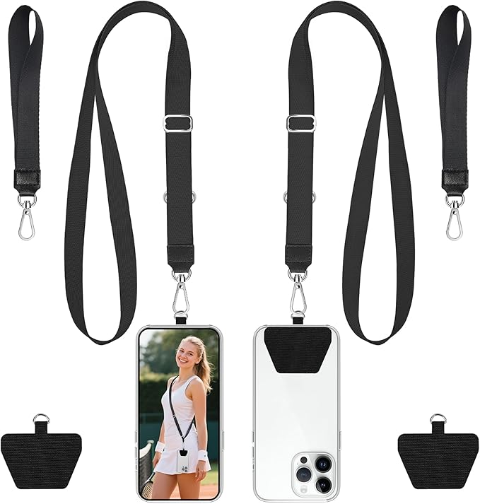takyu Phone Lanyard, 2 Pack Adjustable Anti-Drop Neck/Wrist Strap with 2 Pcs Tether Patches, Secure Hands-Free Compatible for iPhone Samsung Perfect for Nurses, Teachers, Travel, Hiking Black