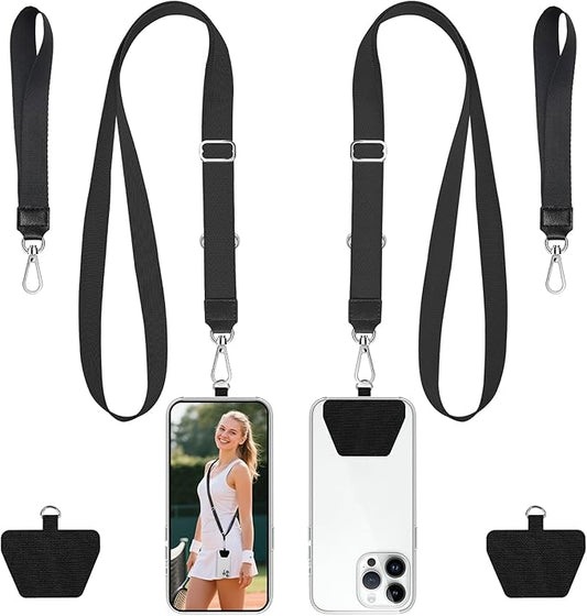 takyu Phone Lanyard, 2 Pack Adjustable Anti-Drop Neck/Wrist Strap with 2 Pcs Tether Patches, Secure Hands-Free Compatible for iPhone Samsung Perfect for Nurses, Teachers, Travel, Hiking Black