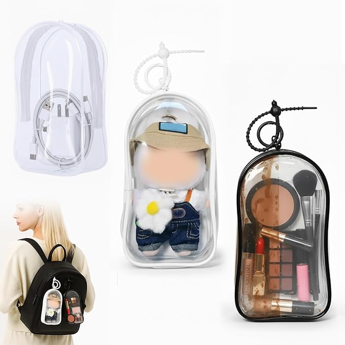 3Pcs Clear Display Case for 17/15cm Plush Doll -Portable Bag with Keychain, Waterand Dust-Resistant,Protective Cover for Collectible Toys,Jewelry,Cosmetics,Ornaments,Data Line (White+Black+Clear)