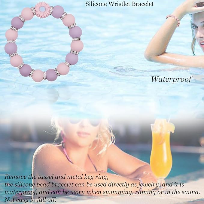 BIHRTC Key Ring Bracelet Car Keychain Holder Wristlet Silicone Women Beaded Bangle Chains
