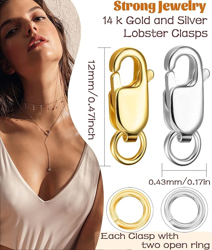 Kcctoo Silver Lobster Claw Clasp with Closed Jump Rings 14K Gold Necklace Clasps and Closures for Jewelry Making, Made in Italy 12mm(0.47inch) (8pcs Gold and Silver)