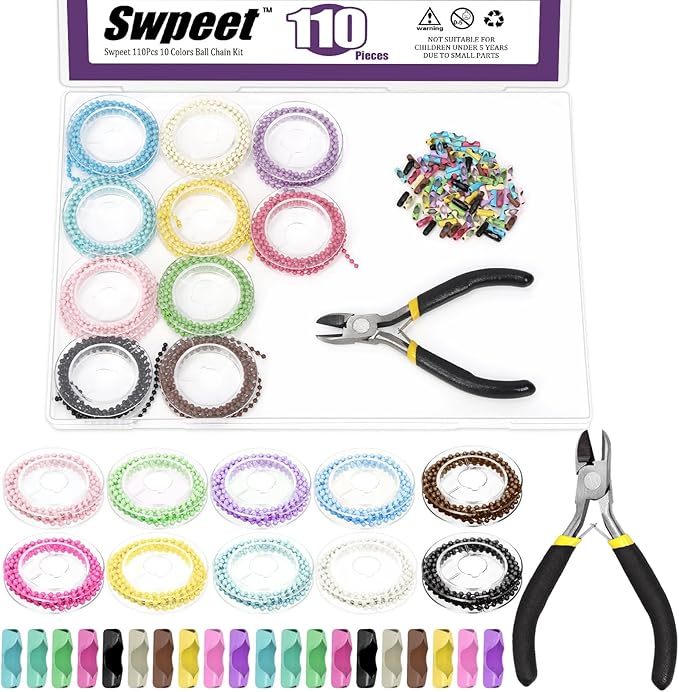 Swpeet 10 Colors 1m/3.28ft × 2.4mm Plated Ball Beaded Chains with 1Pc Pliers and 100 Pcs Connectors Kit, Bead Link Dog Tag Chain Roll, Necklace Chains, Pull Chain Roll Spool Ball for Keychain Tags
