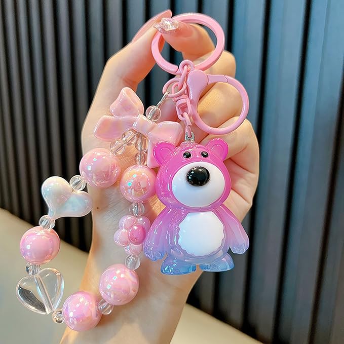 Bear Keychain For Women, Acrylic Bow Heart Flower Beaded Wristlet Gradient Color Colorful Gift Accessories