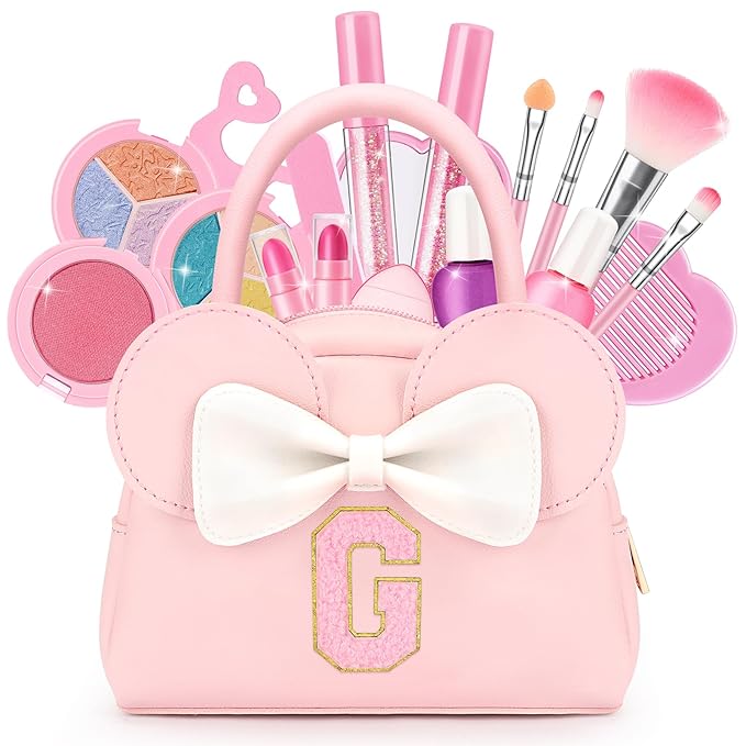 Kids Real Makeup Kit for Girls - 18Pcs Non-Toxic Washable Make Up Toys with Initial Toddler Purse - Personalized Birthday Gifts for Age 3 4 5 6 7 8 9 10 Years Old Girls Vanity Set - G