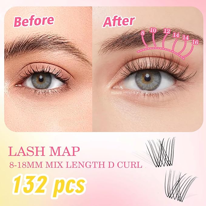 Gyinsoo DIY Lash Extension Kit "Coffee Run" - 132Pcs Natural Wispy Cluster Lashes (8-18mm Mix) with Bond and Seal - D Curl Airy Individual Lashes for Effortless Daily & Office Look