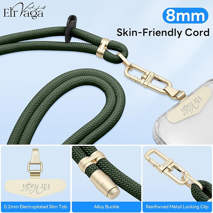 Adjustable Anti-Theft Phone Lanyard Neck & Crossbody Strap with 0.2mm Metal Tab & Comfort-Fit 8mm Rope(Dark Green)