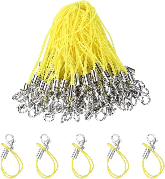 HARFINGTON 100Pcs Clasp Cords Clasp Strap Lanyard Charm Short Finger Rope with Lobster Clasp for Cellphone Cases Keychain DIY Jewelry Making, Yellow