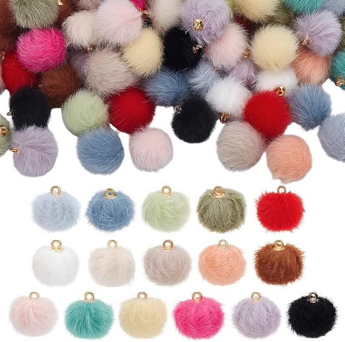 PH PandaHall 96PCS Pom Poms Charm, 16 Colors Pompoms Charm Fabric Fur Metallic Pompoms Pendants DIY Ball Charms with Iron Loops for Dangle Tassel Earrings Charms Pendant Jewellery Making