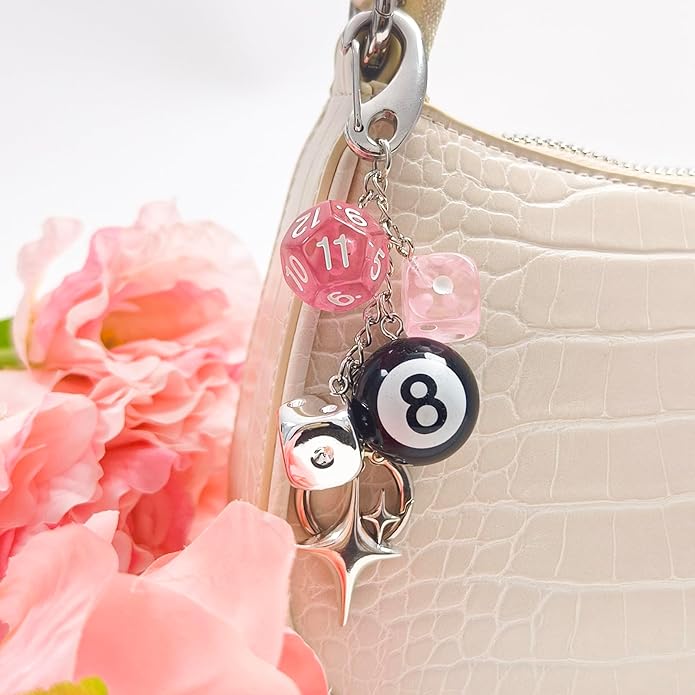Y2K Keychain for Women, 8 Ball Dice Charm with Carabiner Clip - Cute Goth Core Keychain Bag Charm for Keys Bags Jeans