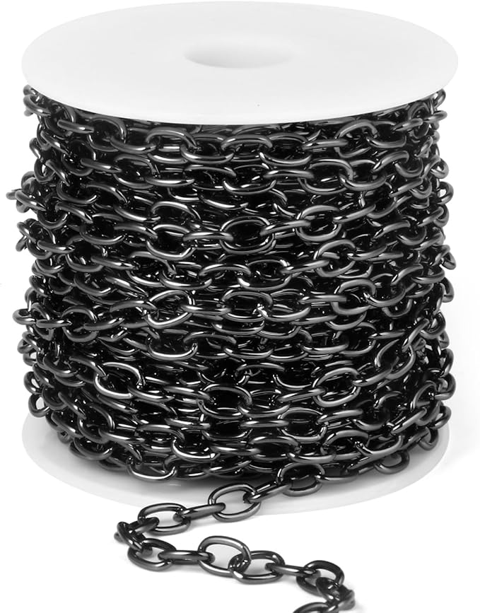 33 Feet Black Rolo Cable Chains Roll, 5 MM Black Plated Aluminium Oval Cable O Links Chain Bulk Spool for Jewelry Making DIY Craft