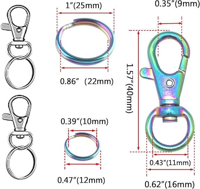 Rainbow Swivel Clasp Swivel Hook with Key Rings Clip Hook Snap Hook Keychain, 75 Pieces, Hardware Accessories for Purse DIY (Rainbow)