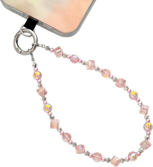 Cell Phone Wrist Strap Crystal Beaded Phone Bracelet Strap For Women Sparkling Beads Wristlet Lanyard Beaded Chain (Sakura Pink)
