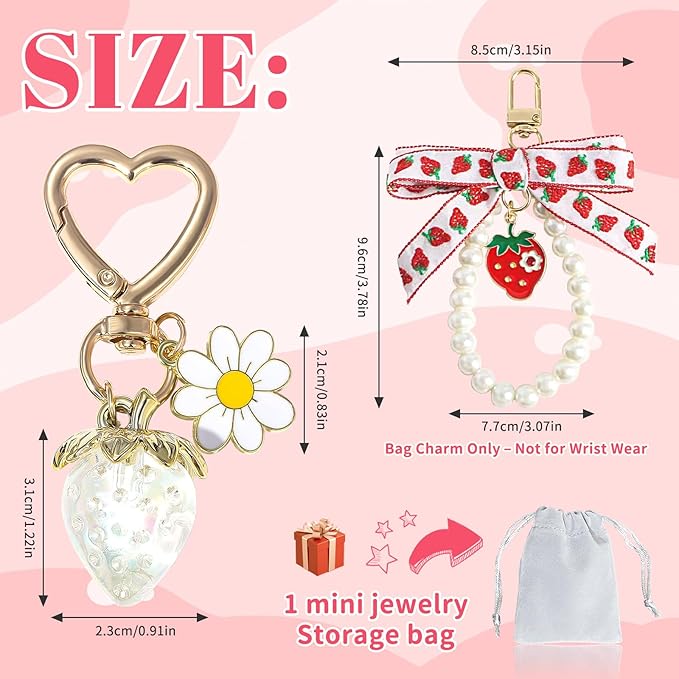 2Pcs Strawberry Keychain Charm Cute Bag Charms Flower Daisy Pearl Bow Keychain Strawberry gift for Women