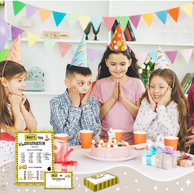 What's Your Construction Name Game, Construction Birthday Party Games for Boys,Construction Party Decorations, Kids Birthday Activities,1 Double Sided Sign and 30 Stickers,5x7 Inch