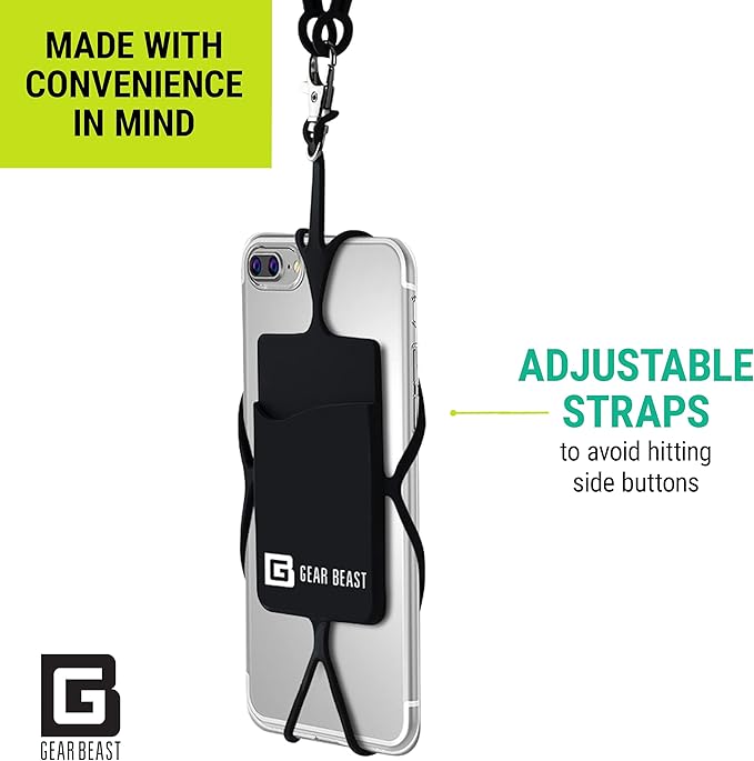 Gear Beast Cell Phone Lanyard - Universal Neck Phone Holder w/Card Pocket and Silicone Neck Strap (Black)