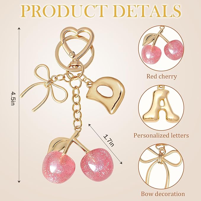 Snycler Bubble Initial Keychain with Cherry & Bow - Gold Letter Bag Charms for Women, Cute Purse Handbag Accessories