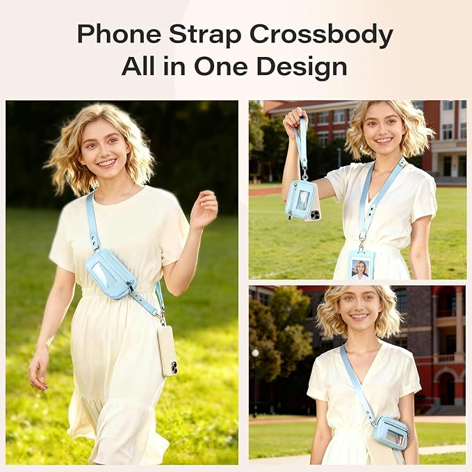 Phone Lanyard Crossbody with Wallet，Detachable Phone Strap Wristlet with ID Window and Zipper，Adjustable Strap for All Phone