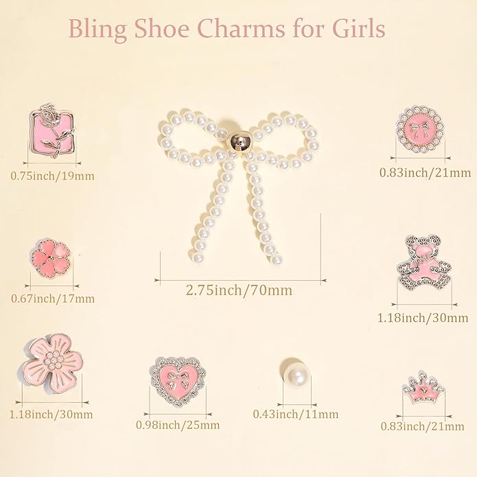 24Pcs Bling Pearl Bow Shoe Charms for Clog Sandals Women, Bear, Flower, Pearl Accessories, DIY Shoe Decoration Charms for Girls