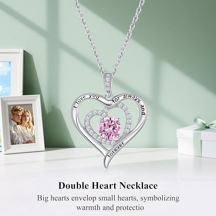 S925 Sterling Silver Necklace for Women, Valentines Day Gifts for Her, Love Heart Birthstone Necklaces for Women, Wife Jewelry, Mom Birthday Valentines Mothers Day Gifts, Girlfriend Necklaces, Daughter Heart Jewel, Anniversary for Her