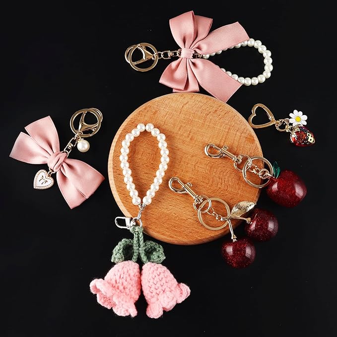 Bag Charms for Handbag Cherry Strawberry Bow Keychain Cute Purse Charms Accessories for Women Tote Bag Fruit Charm