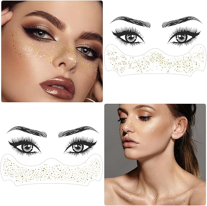 24 PCS Glitter Freckles Face Tattoos Face Glitter Makeup Speckles Patches, Halloween Tattoos Cosplay Party Makeup Accessories for Women Girl, Cosmetic Glitter for Face