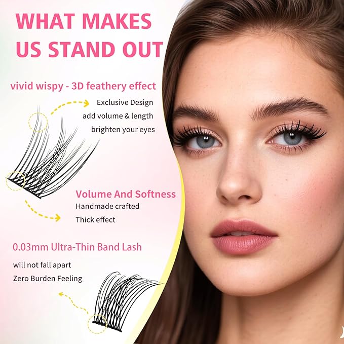 Gyinsoo 144Pcs DIY Lash Extension Kit D Curl 8-18mm Mix "Photo Ready" Volume Lashes with Pink Bond and Seal, Remover & Tweezers - Fluffy Wispy Individual Clusters