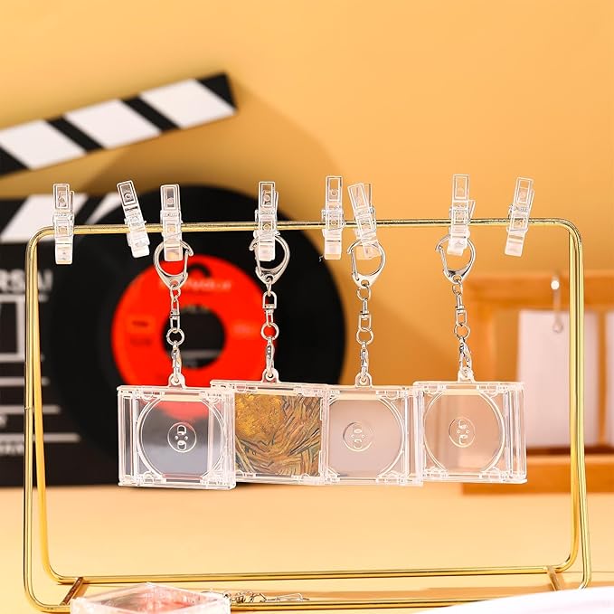 Misdary 10 Pcs Mini Cd Holder Keychain Album Case Plastic Player Shaped Key Pendant Blank DVD Case Clear CD Jewel Keyring for DIY