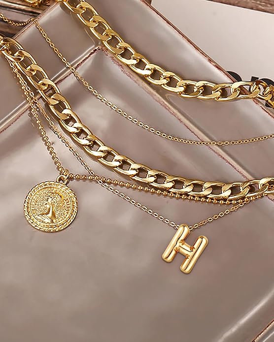 MJartoria Layered Necklaces for Women Trendy Balloon Initial Coin Pendant Necklace Dainty Chunky Chain Choker Necklaces Jewelry Birthday Gifts