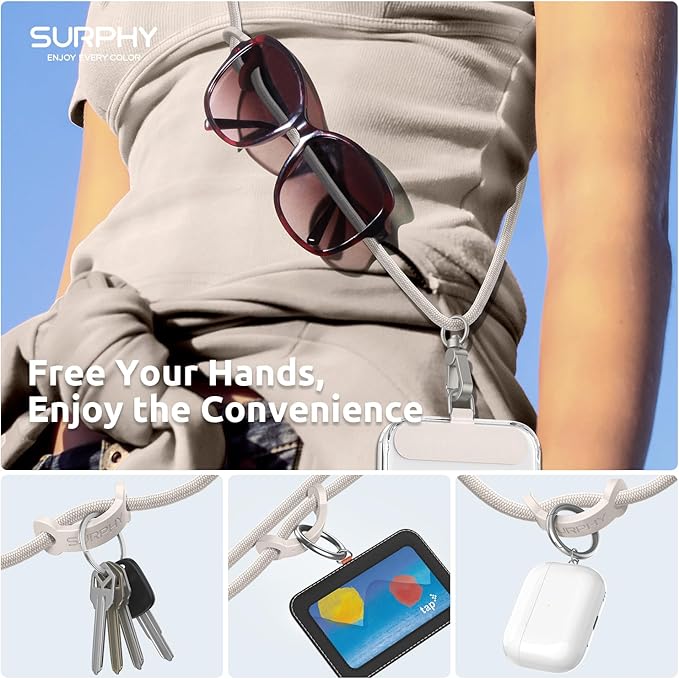 SURPHY Phone Lanyard, Adjustable Phone Strap Crossbody with 2 Pack Cell Phone Tether Tab, Premium Metal Buckles, Skin-Friendly, Universal Cell Phone Lanyard Crossbody for Women and Men, Stone