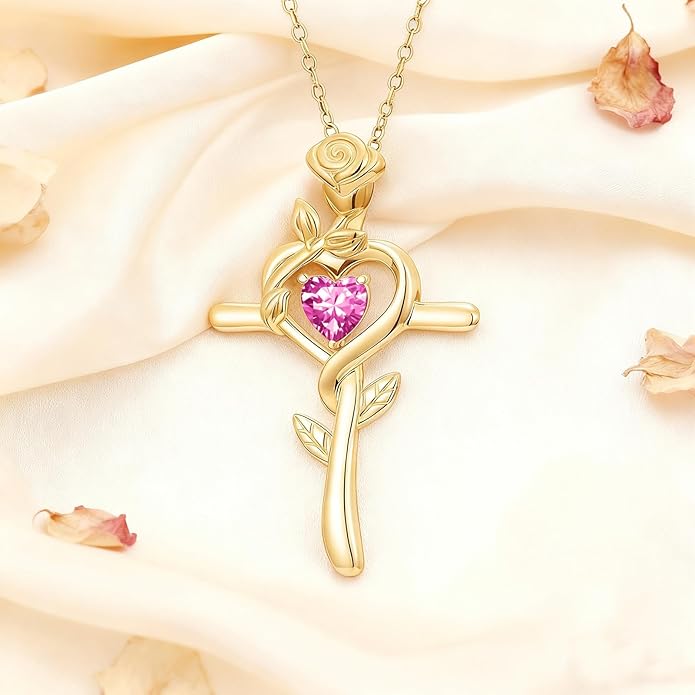Midari 18K Yellow Gold Cross Pendant Rose Birthstone Necklaces for Women Christian Cross Jewelry with 12 Months Birthstone Birthday Gifts for Wife Her Daughter Mom
