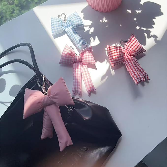 Pink Bow Keychain Bag Charms Y2K Bowknot Plaid Keychains Coquette Aesthetic Purse Handbag Backpacks Charms