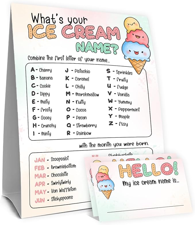 What's Your Ice Cream Name Game Set,Birthday Party Games for Kids and Adults,ICES Creams Party Decorations, Fun Summer Activity,1 Ice Cream Name Game Double Sided Sign and 30 Stickers,5x7 Inch