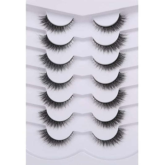 Pooplunch False Eyelashes Extension Volume Cat Eye Look Natural Wispy Short Volume 8D Fake Eyelashes Faux Mink Strip Lashes 7 Pairs Pack