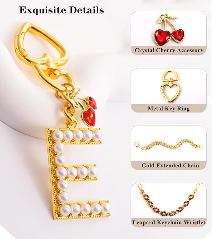 Pearl Initial Keychain with Leopard Bag Charms Wallet Chain Women Cute Alphabet Keychains Charm for Purse Handbag
