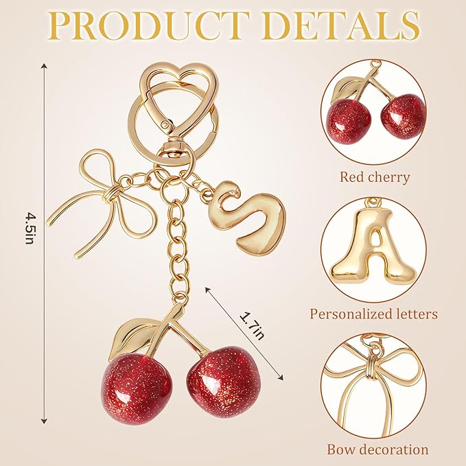 Snycler Bubble Initial Keychain with Cherry & Bow - Gold Letter Bag Charms for Women, Cute Purse Handbag Accessories